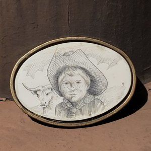 Scrimshaw Style Young Cowboy & Steer Solid Brass Belt Buckle - 1978